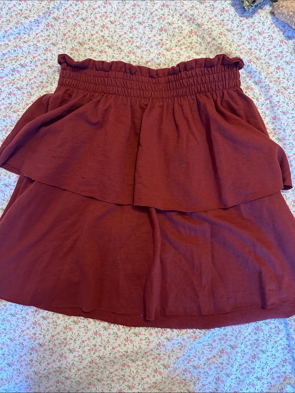 Planet Gold Burgundy Tiered Ruffle Waistband Skater Skirt